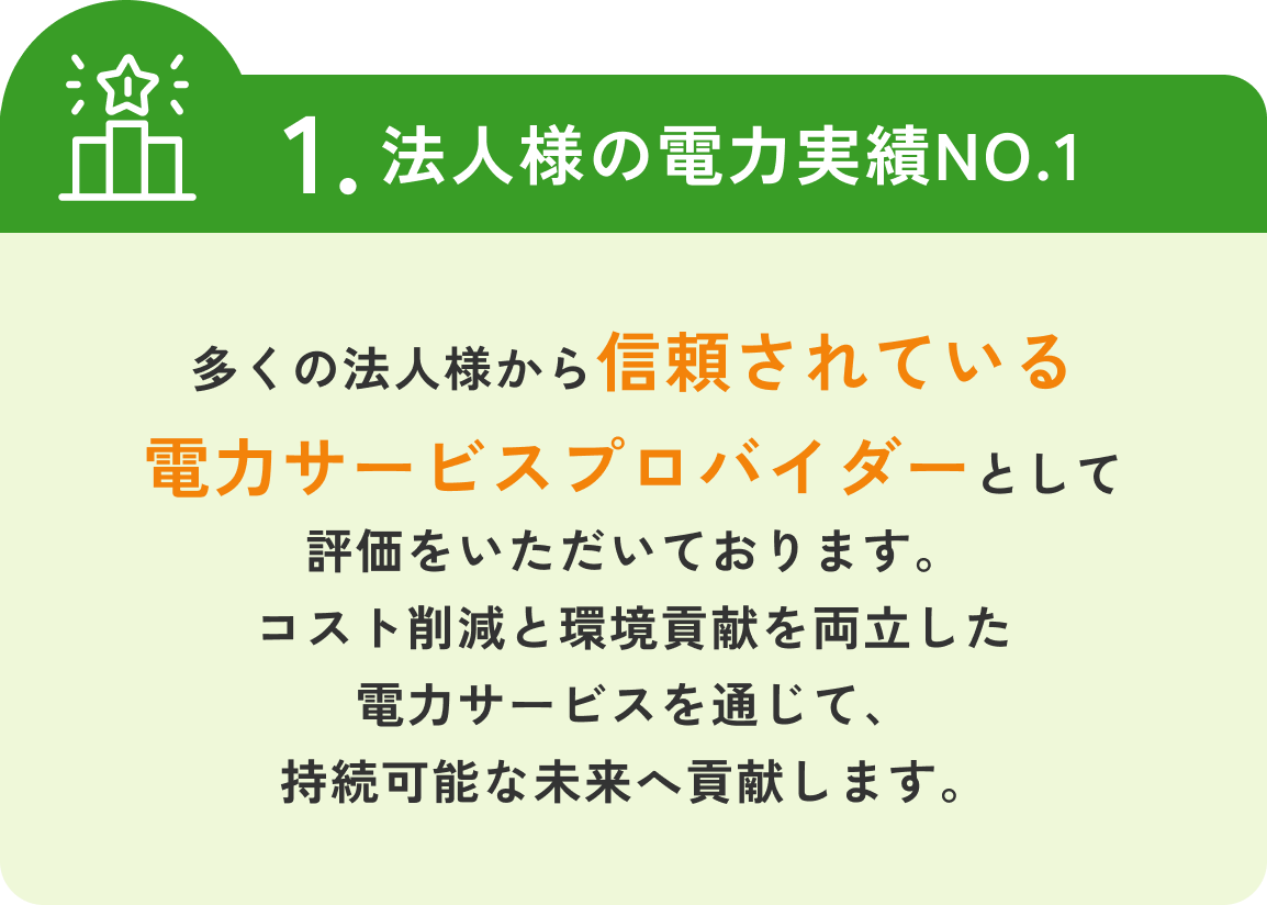 法人様の電力実績NO.1多くの法人様から信頼されている電力サービスプロバイダーとして評価をいただいております。コスト削減と環境貢献を両立した電力サービスを通じて、持続可能な未来へ貢献します。